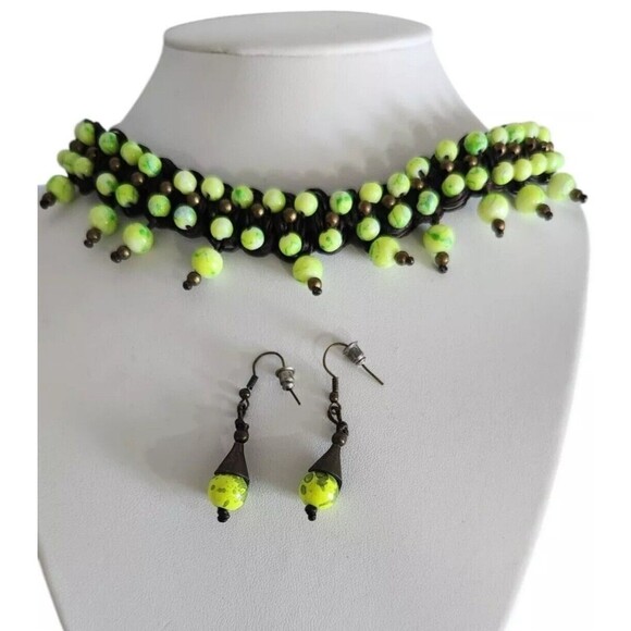 Vintage Tierra Boho Macrame Beaded Neck Choker Necklace w/ Dangling Earrings Set - Picture 1 of 7